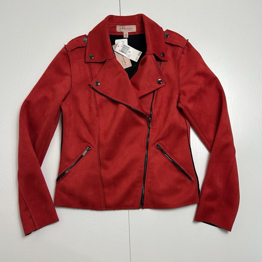 Philosophy Red‎ Faux Suede Moto Jacket Womens XS Biker Zip Details Casual Chic